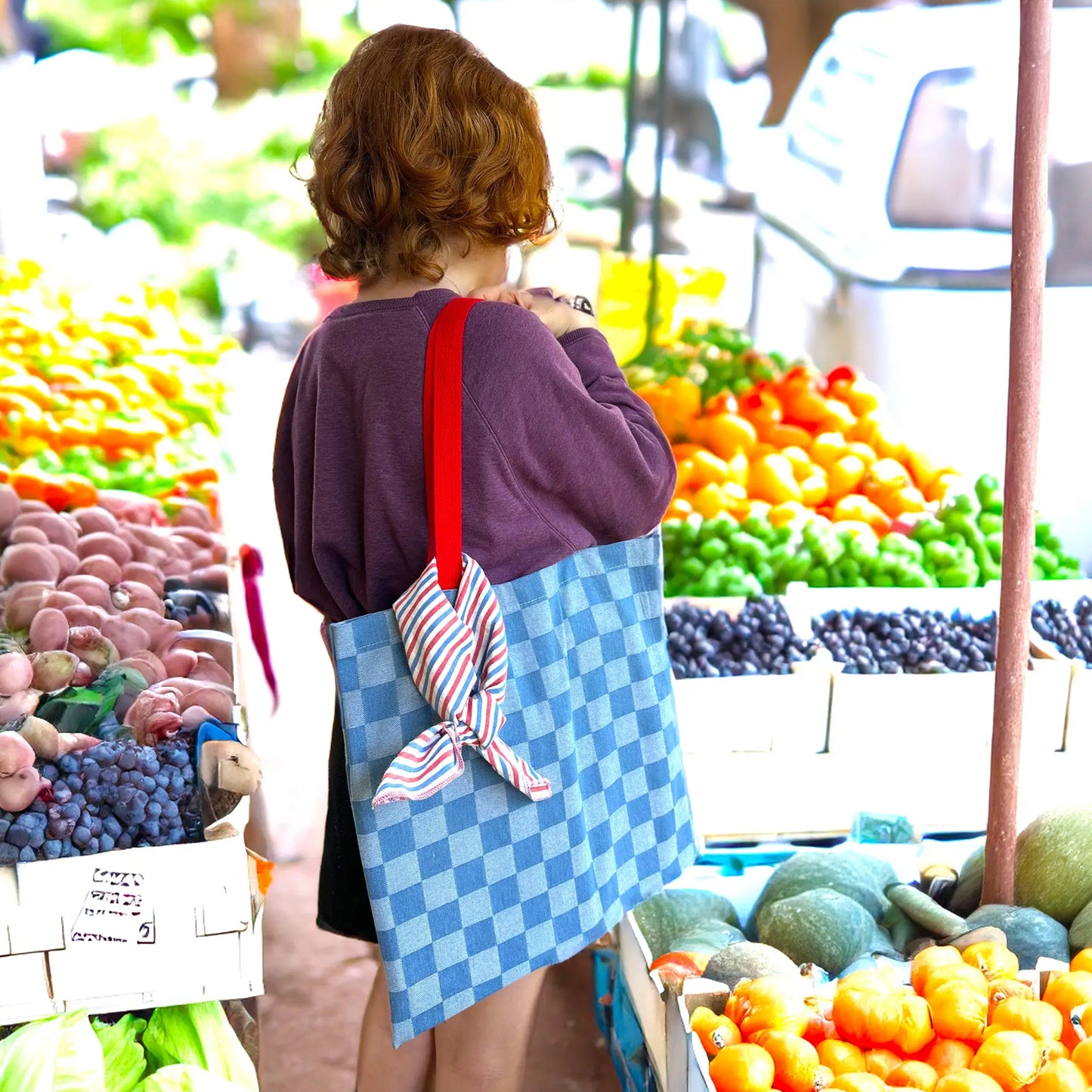 Check You Later Blue Denim Checkerboard Tote Bag