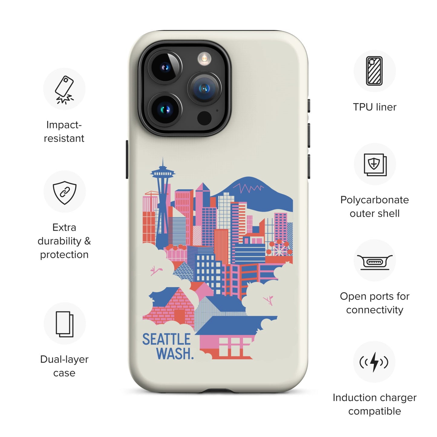 Seattle Skyline (Pink/Blue) Tough Case for iPhone 15 Pro Max