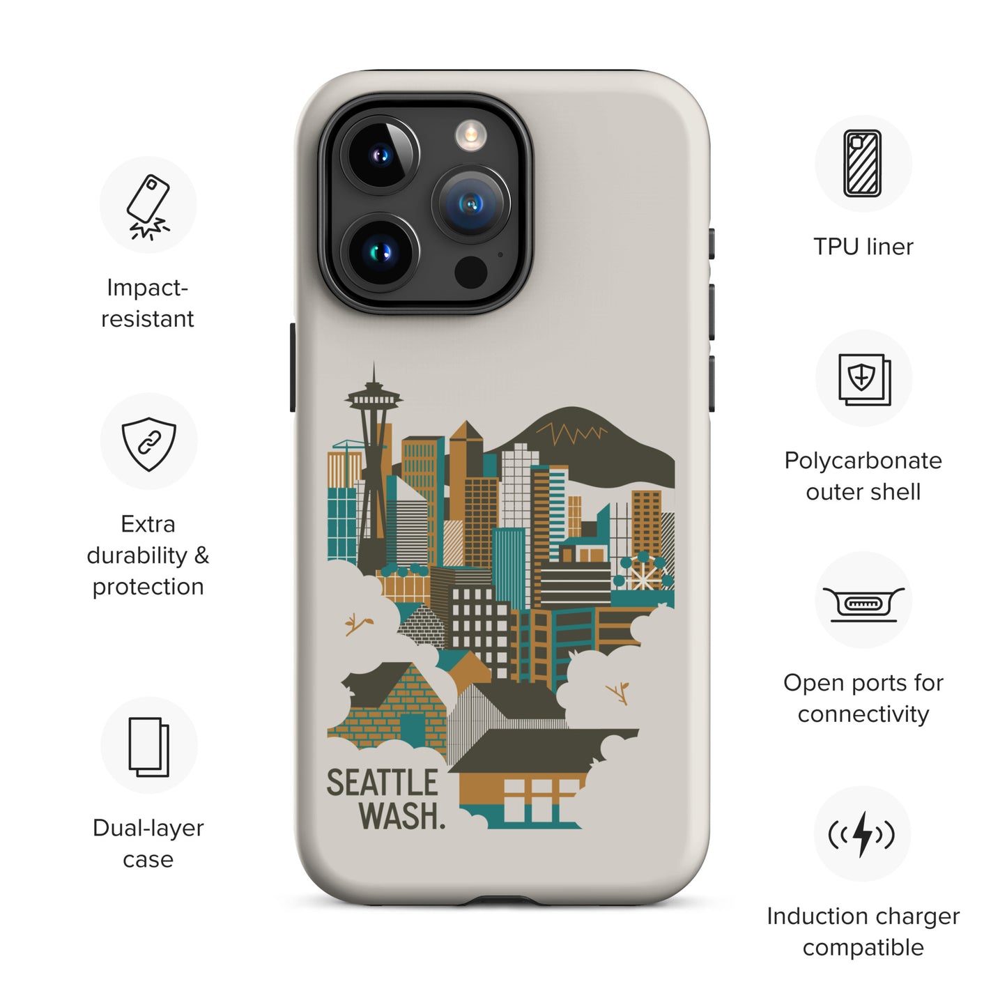 Seattle Skyline (Dark Mode) Tough Case for iPhone 15 Pro Max