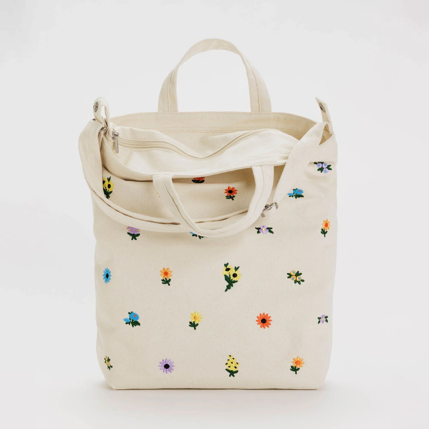 BAGGU Embroidered Ditsy Floral White Zip Duck Bag